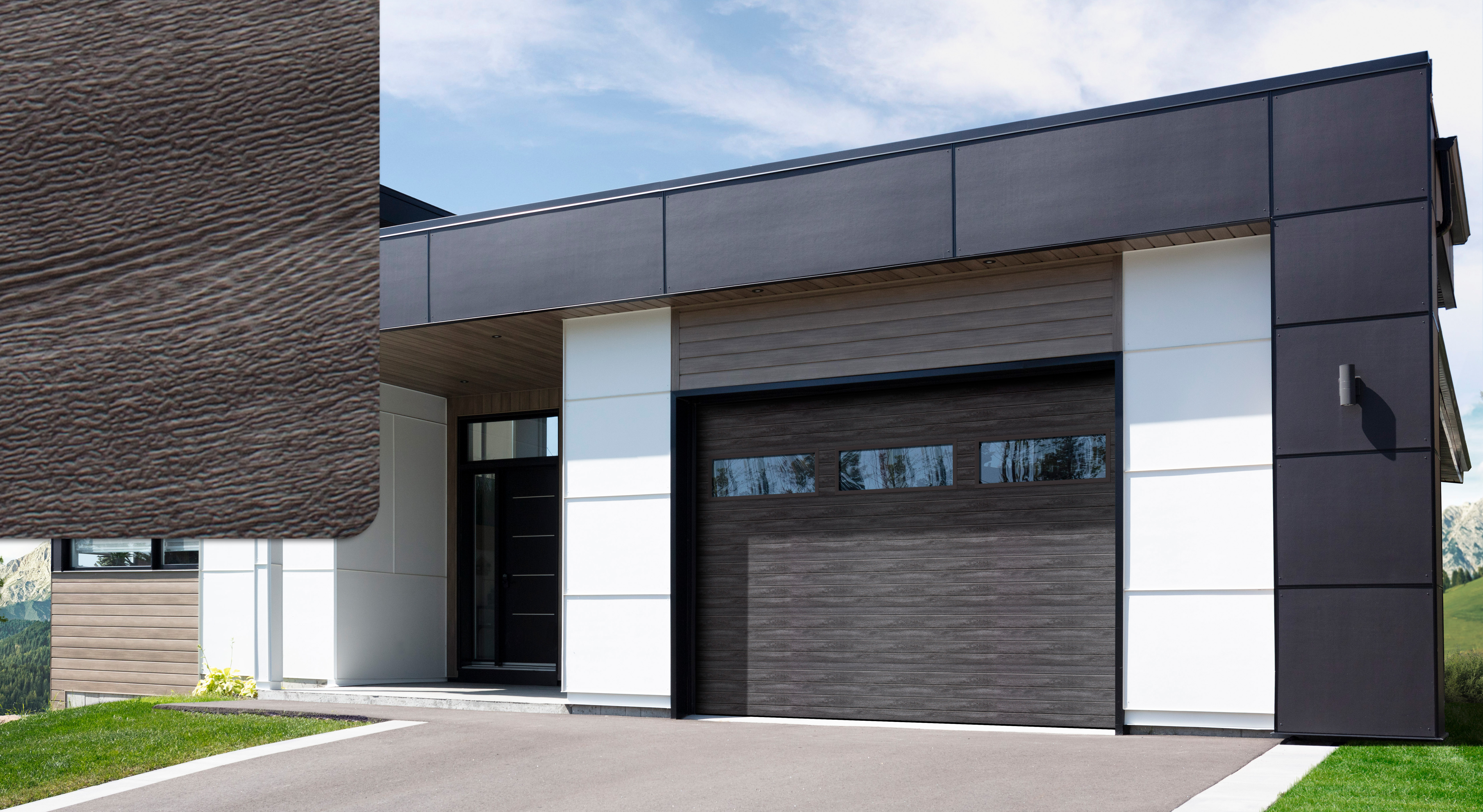 Modern house with Regal Moderno Echo, 12' x 9', Weathered Grey Faux Wood and Clear windows and a Weathered Grey sample